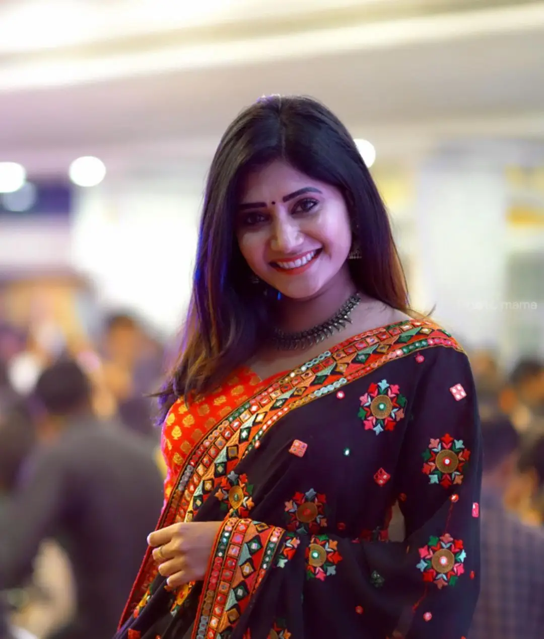 Vasanthi Krishnan Wearing Blue Saree Orange Blouse